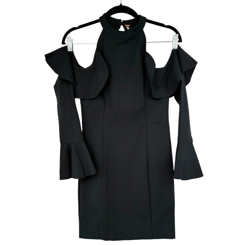 Free People Sweet Talk Black Cold Shoulder Ruffle Bell Sleeve Bodycon Dress XS